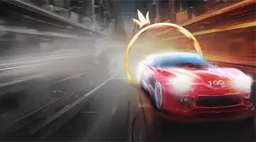 Красный спортивный автомобиль на городской дороге, украшенный логотипом Kush Casino и окружённый золотым кольцом.